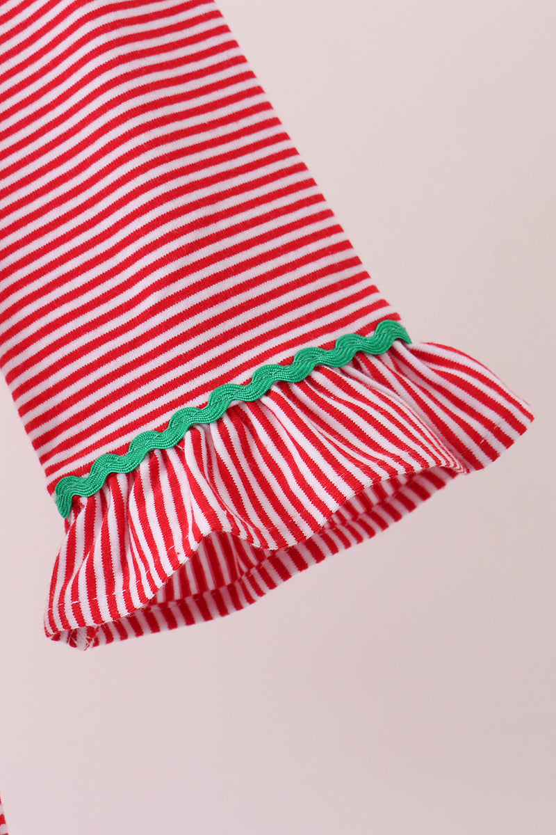 Red stripe christmas tree embroidery ruffle dress - Aaria Tees Aaria Tees