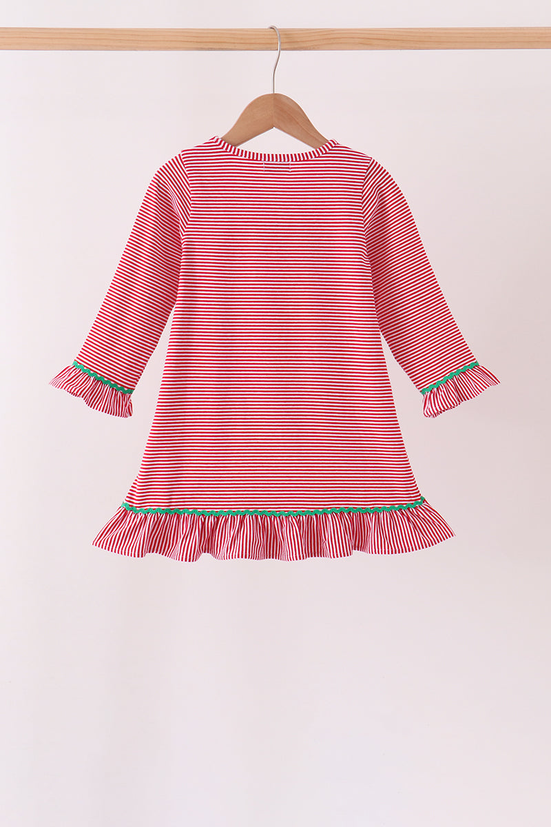 Red stripe christmas tree embroidery ruffle dress - Aaria Tees Aaria Tees
