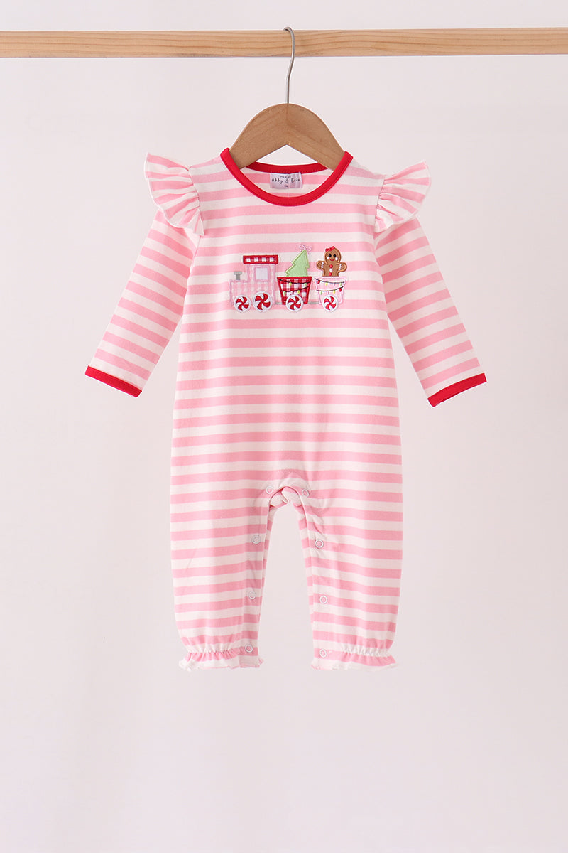 Pink gingerbread embroidery stripe ruffle romper - Aaria Tees Aaria Tees