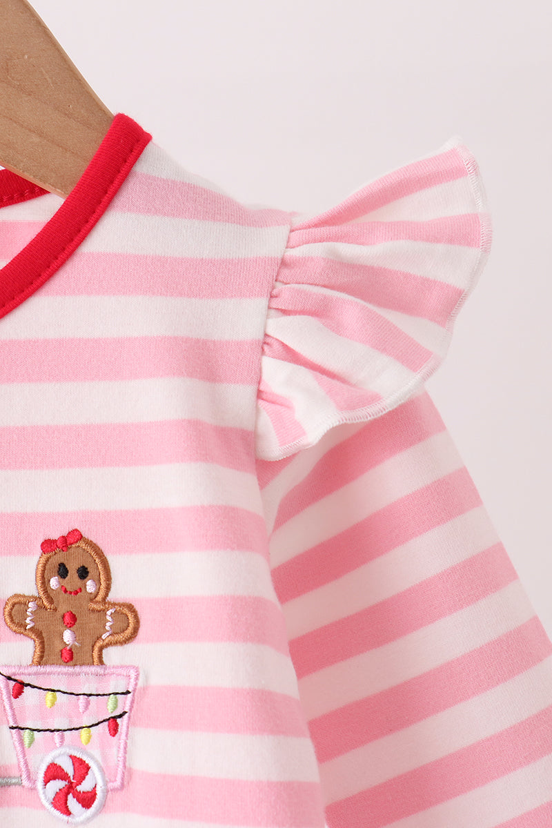 Pink gingerbread embroidery stripe ruffle romper - Aaria Tees Aaria Tees