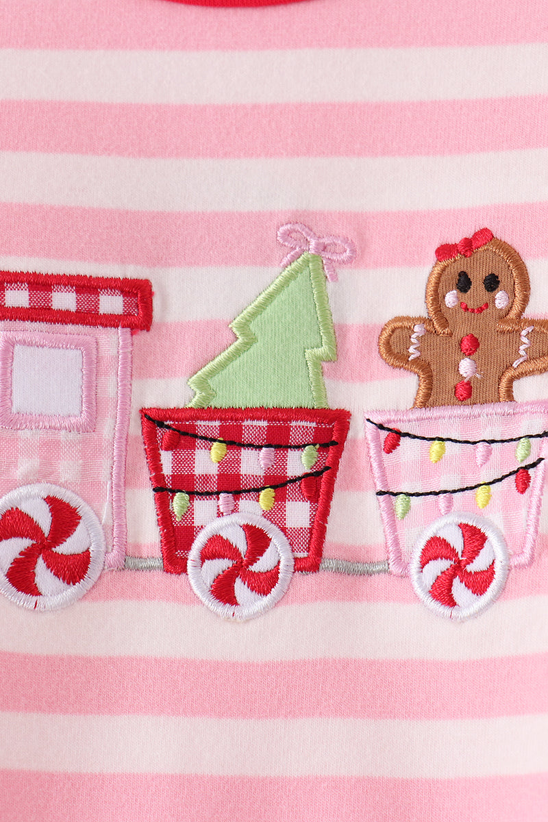 Pink gingerbread embroidery stripe ruffle romper - Aaria Tees Aaria Tees