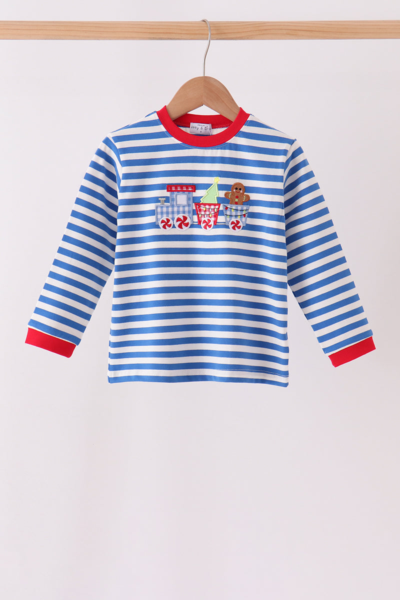 Blue stripe gingerbread embroidery top - Aaria Tees