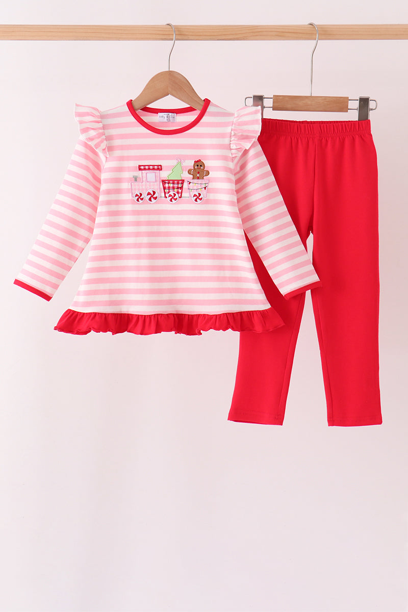 Pink stripe gingerbread embroidery ruffle pants set - Aaria Tees Aaria Tees