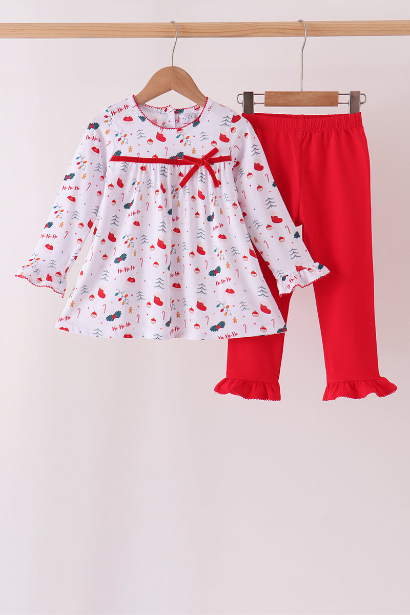 Red holly print ruffle pants set - Aaria Tees Aaria Tees