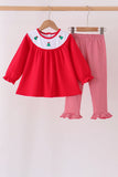 Red christmas tree embroidery ruffle pants set - Aaria Tees Aaria Tees