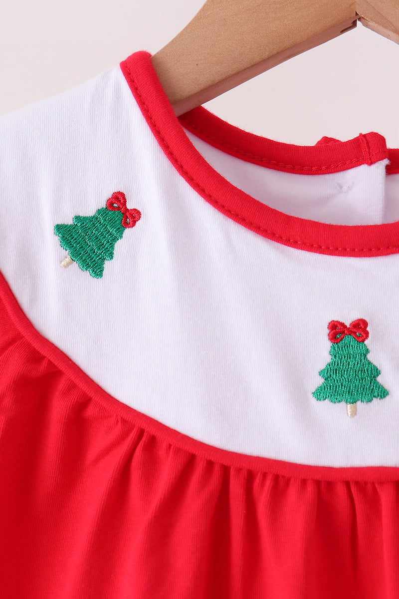 Red christmas tree embroidery ruffle pants set - Aaria Tees Aaria Tees