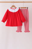 Red christmas tree embroidery ruffle pants set - Aaria Tees Aaria Tees