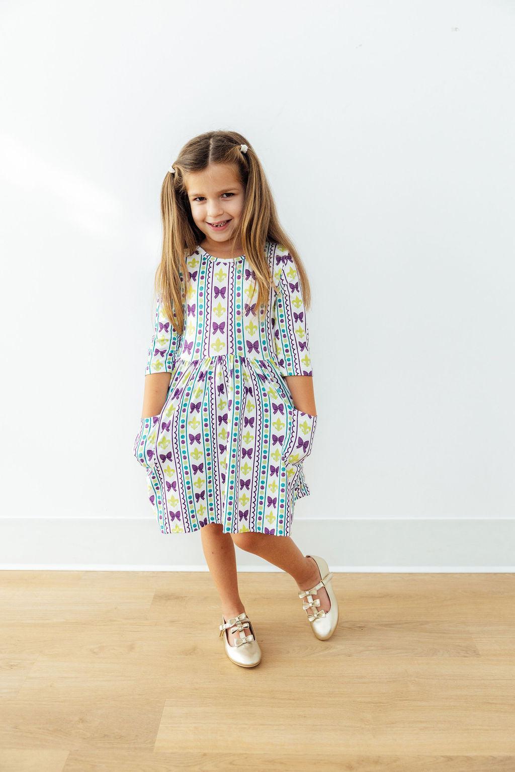 Mardi Gras 3/4 Sleeve Pocket Twirl Dress - Aaria Tees Aaria Tees
