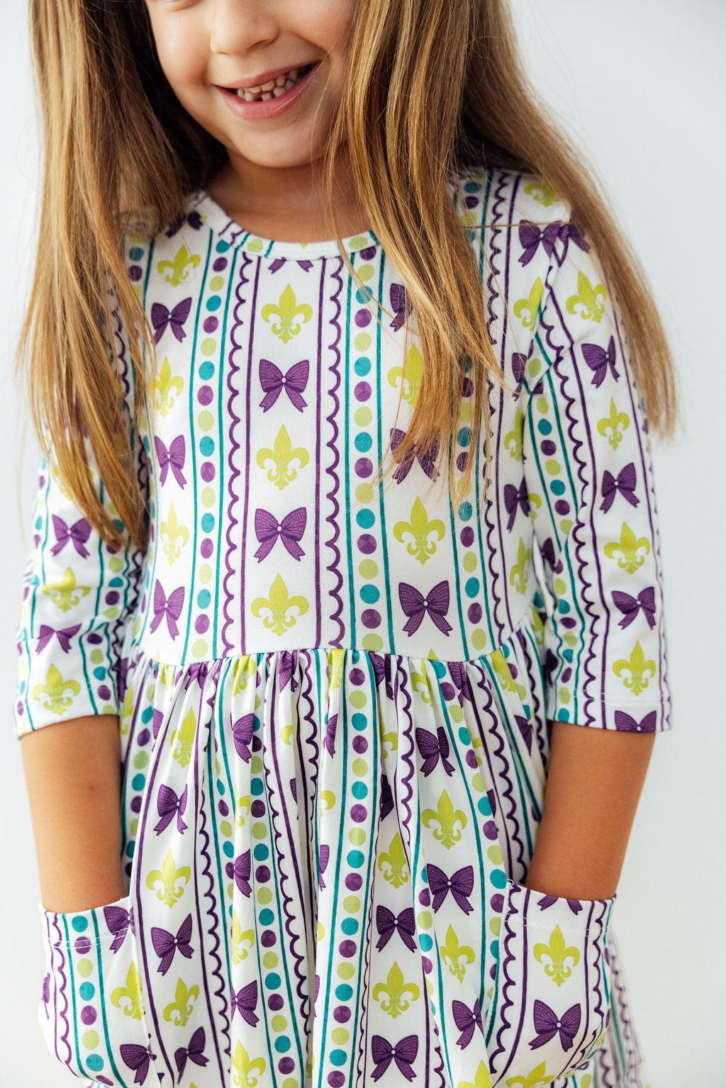 Mardi Gras 3/4 Sleeve Pocket Twirl Dress - Aaria Tees Aaria Tees