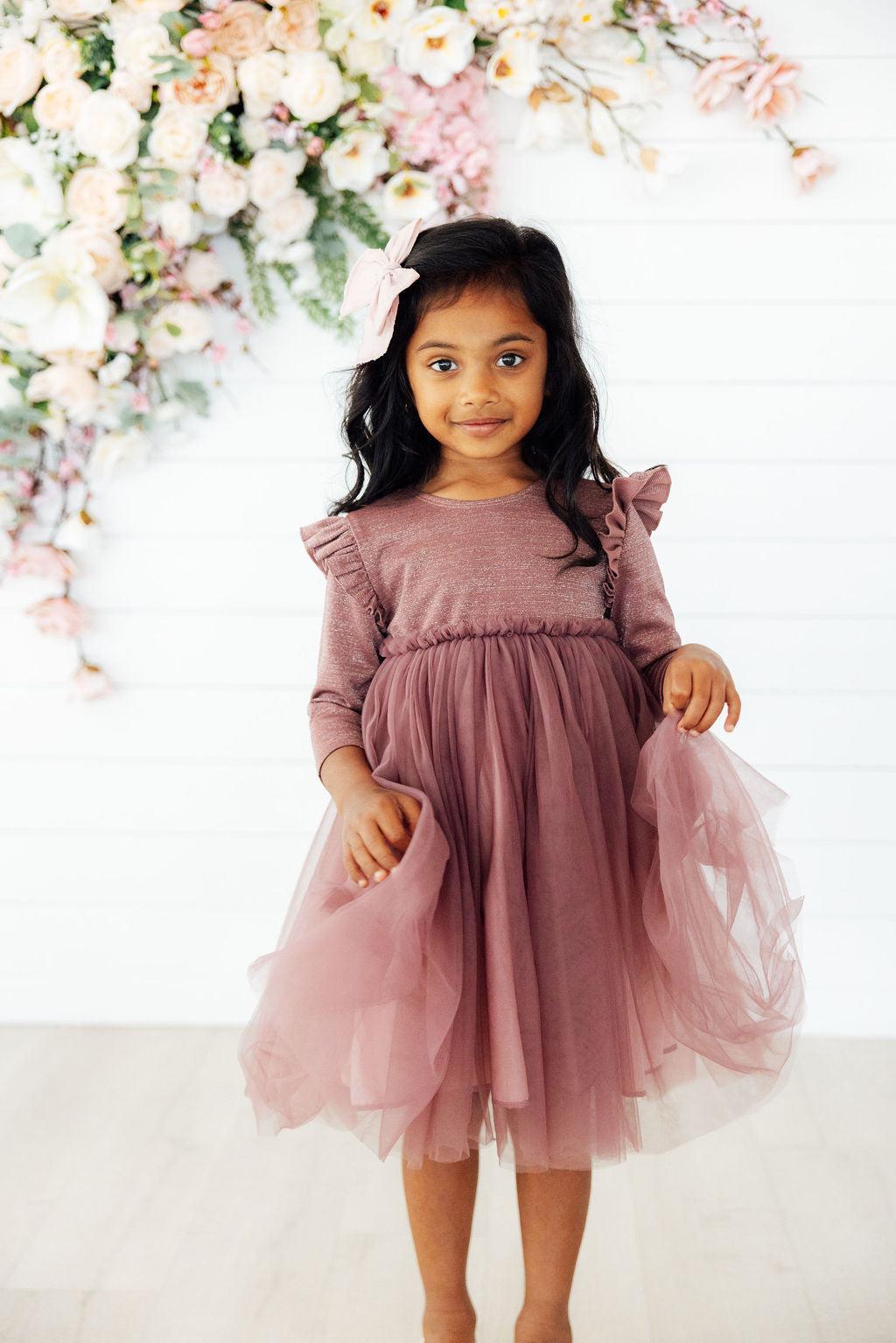 Mauve Shimmer 3/4 Sleeve Tutu Dress - Aaria Tees Aaria Tees