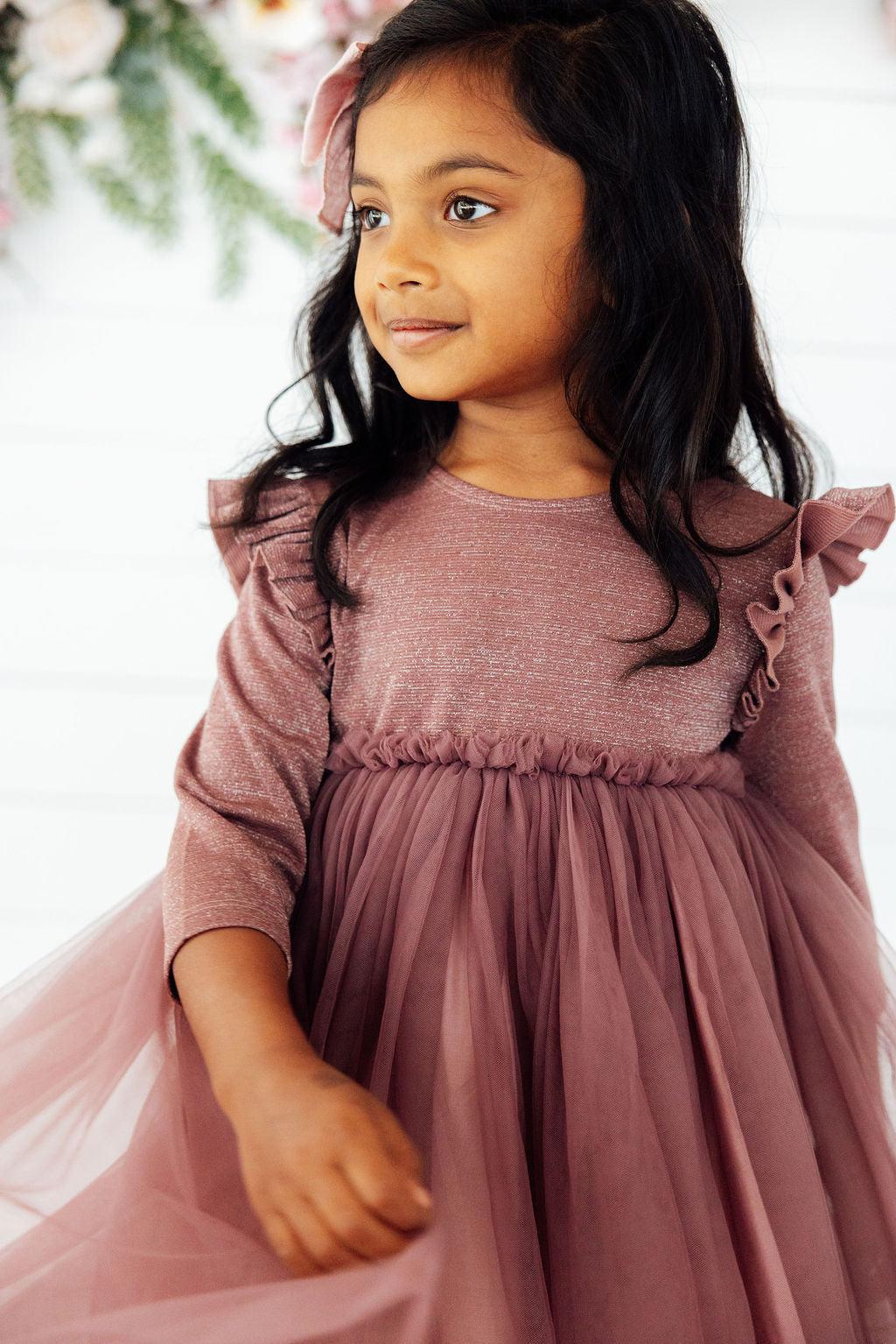 Mauve Shimmer 3/4 Sleeve Tutu Dress - Aaria Tees Aaria Tees