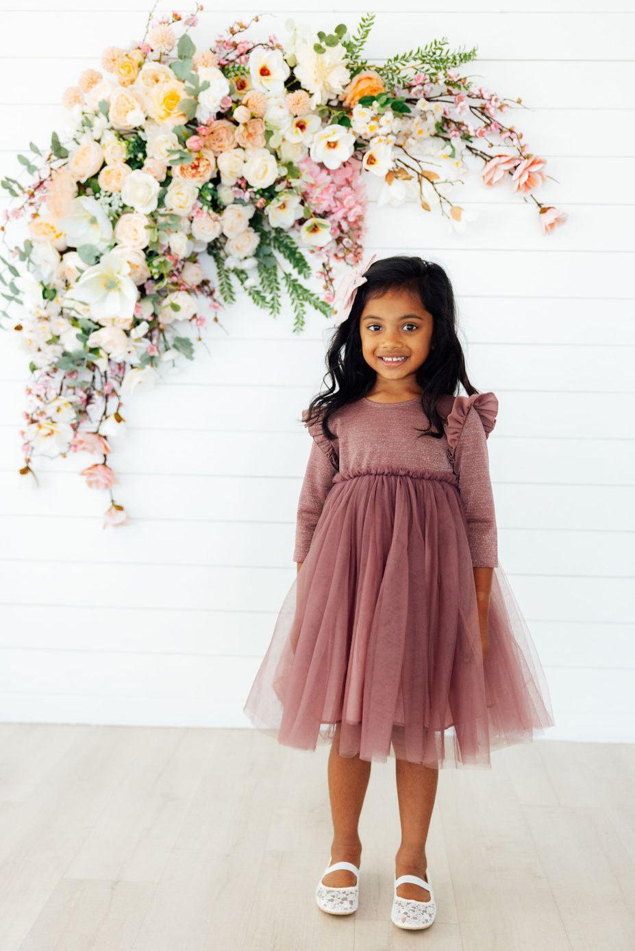 Mauve Shimmer 3/4 Sleeve Tutu Dress - Aaria Tees Aaria Tees