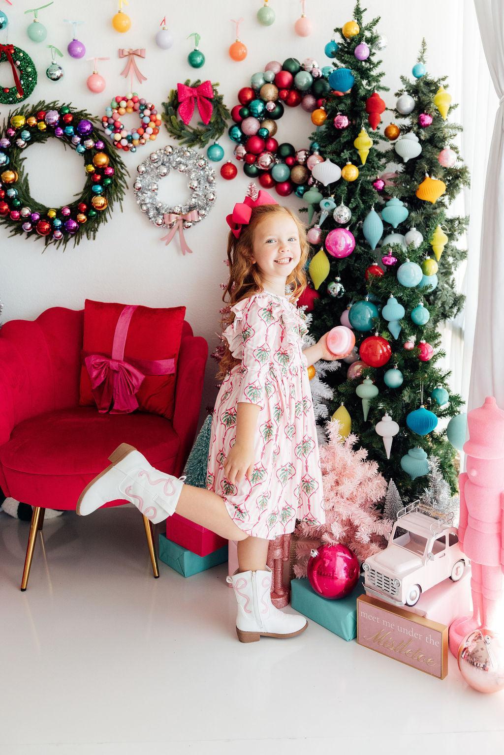 Merry Mistletoe 3/4 Sleeve Ruffle Twirl Dress - Aaria Tees Aaria Tees
