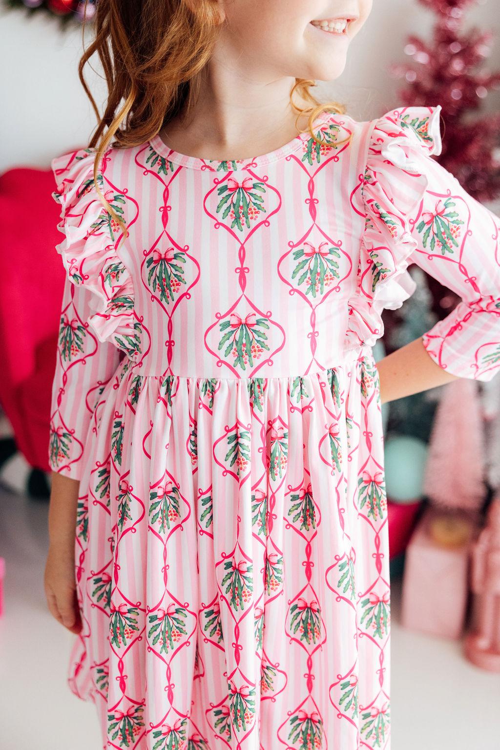 Merry Mistletoe 3/4 Sleeve Ruffle Twirl Dress - Aaria Tees
