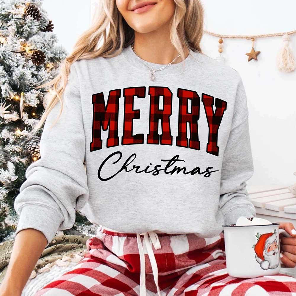 Merry Christmas Sweatshirt - Buffalo Plaid Crewneck - Aaria Tees Aaria Tees