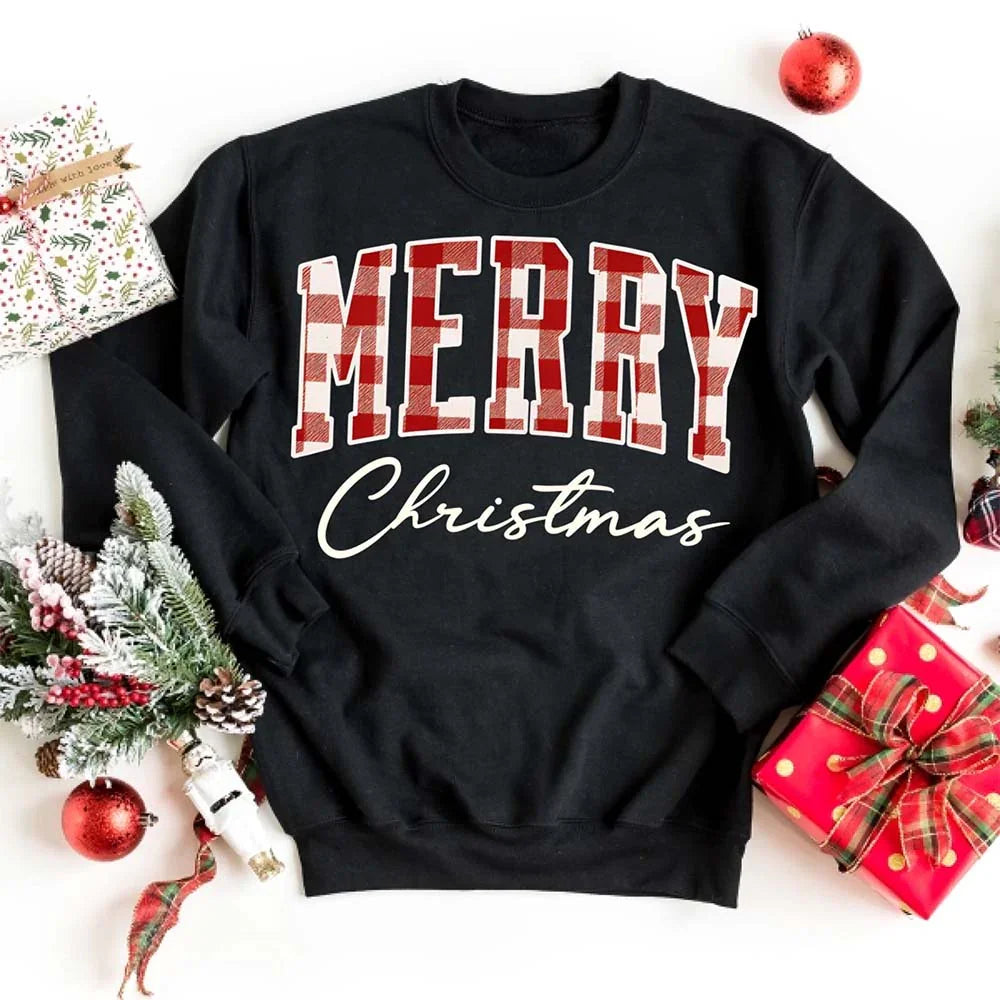 Merry Christmas Sweatshirt - Buffalo Plaid Crewneck - Aaria Tees Aaria Tees