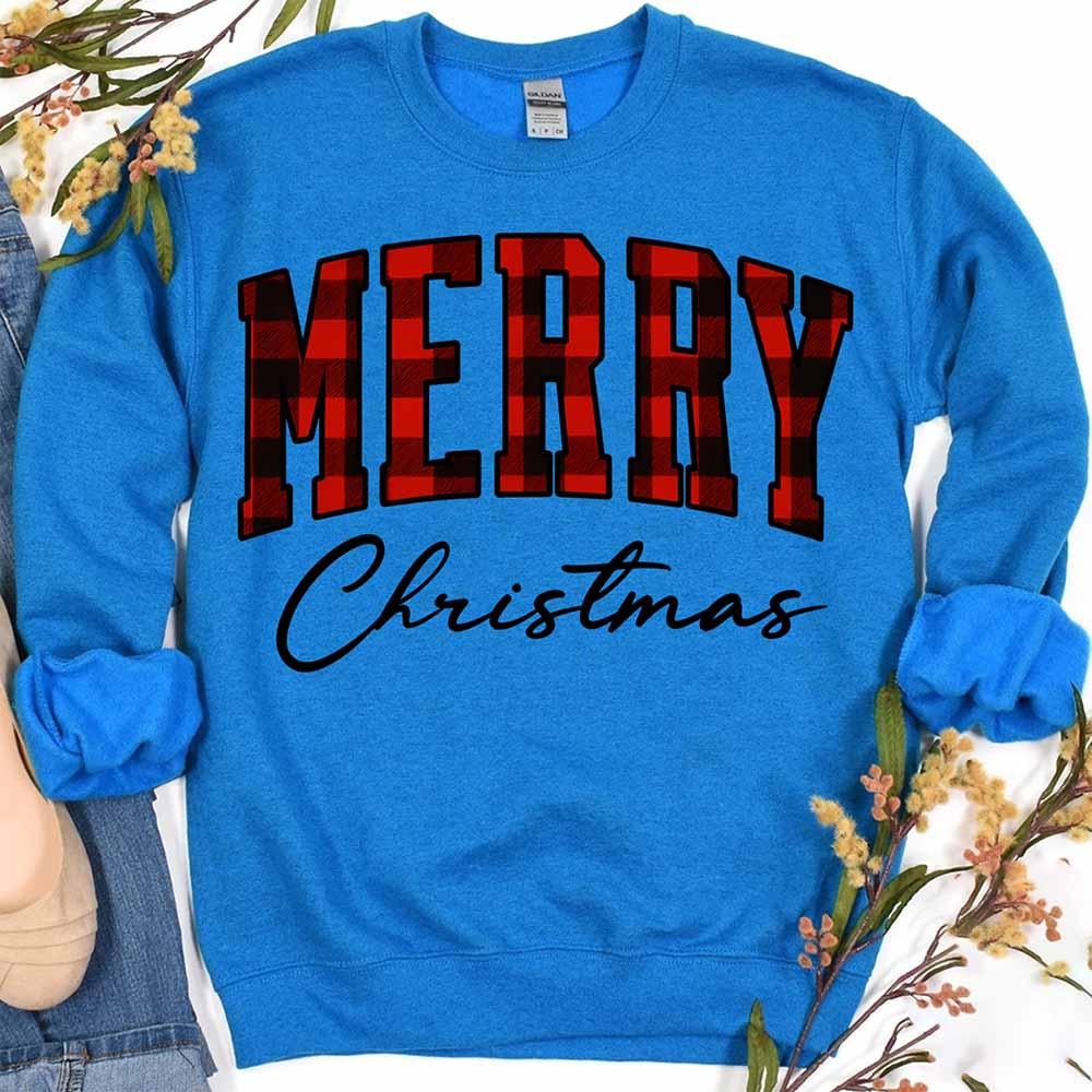 Merry Christmas Sweatshirt - Buffalo Plaid Crewneck - Aaria Tees Aaria Tees