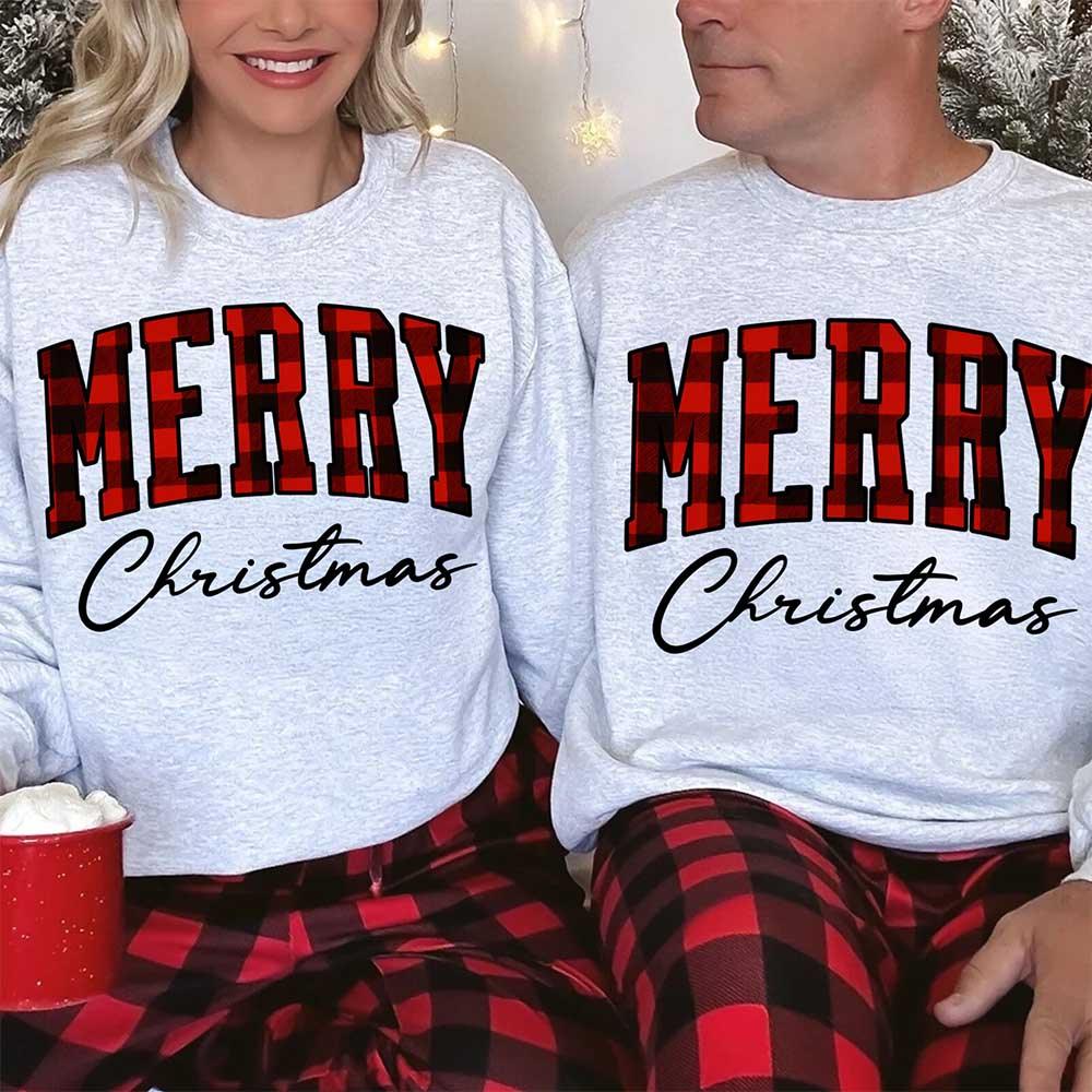 Merry Christmas Sweatshirt - Buffalo Plaid Crewneck - Aaria Tees Aaria Tees