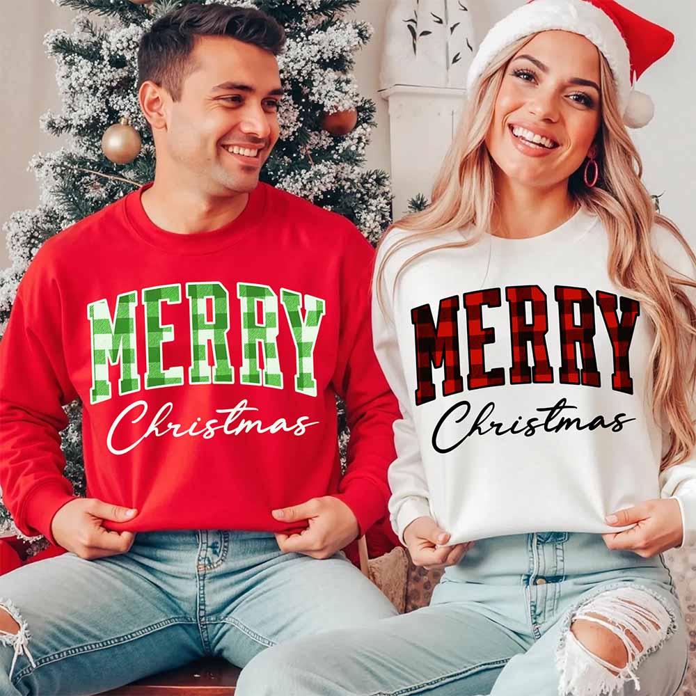 Merry Christmas Sweatshirt - Buffalo Plaid Crewneck - Aaria Tees Aaria Tees