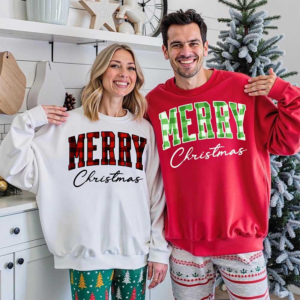 Merry Christmas Sweatshirt - Buffalo Plaid Crewneck - Aaria Tees Aaria Tees