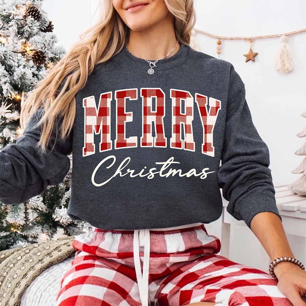 Merry Christmas Sweatshirt - Buffalo Plaid Crewneck - Aaria Tees Aaria Tees