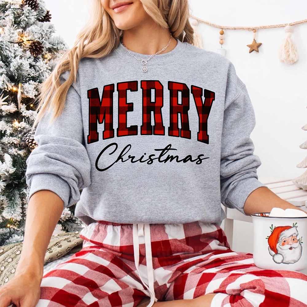 Merry Christmas Sweatshirt - Buffalo Plaid Crewneck - Aaria Tees Aaria Tees