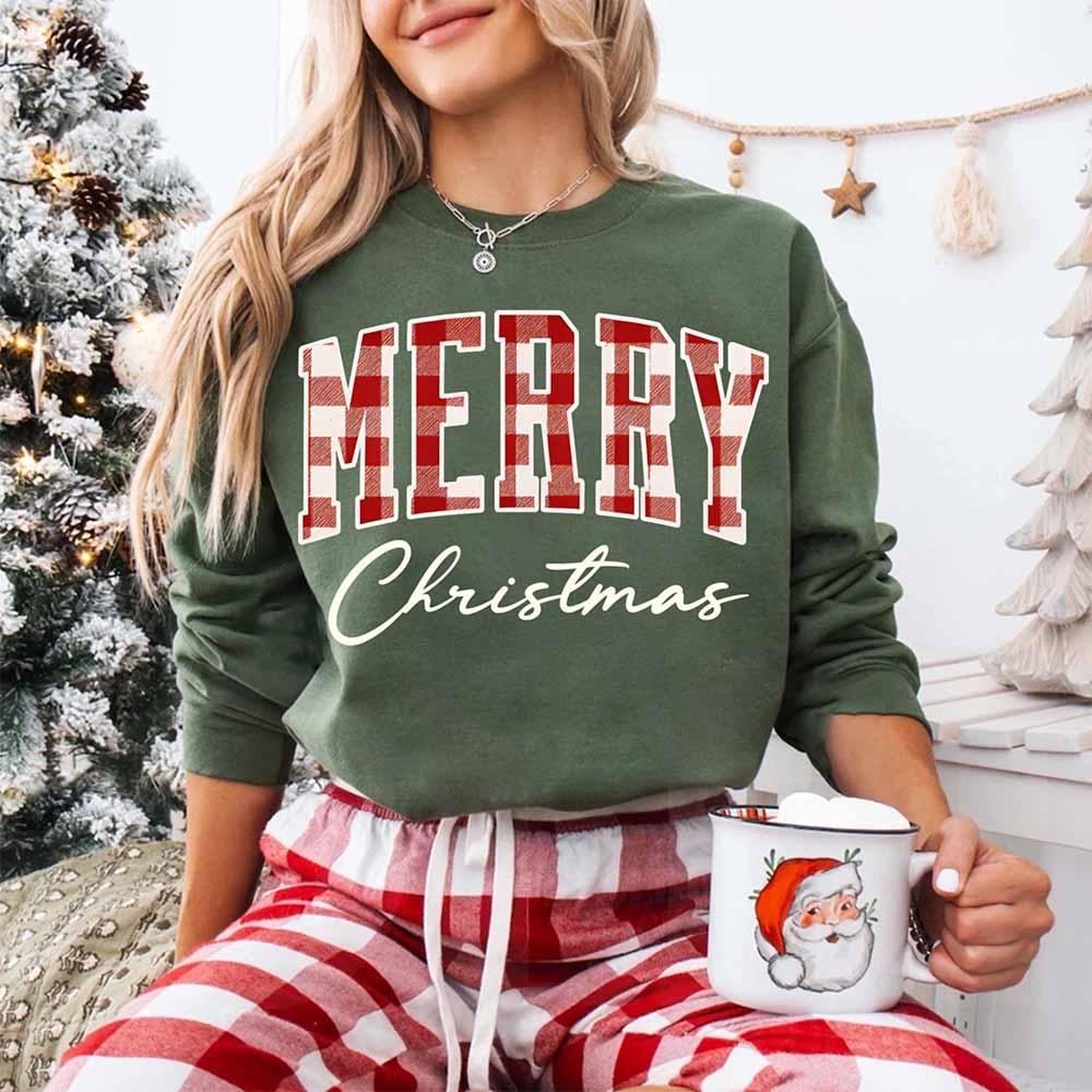 Merry Christmas Sweatshirt - Buffalo Plaid Crewneck - Aaria Tees Aaria Tees