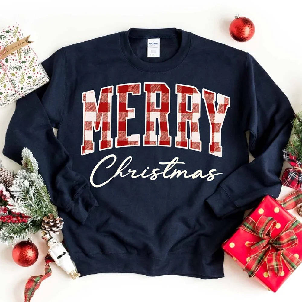 Merry Christmas Sweatshirt - Buffalo Plaid Crewneck - Aaria Tees Aaria Tees