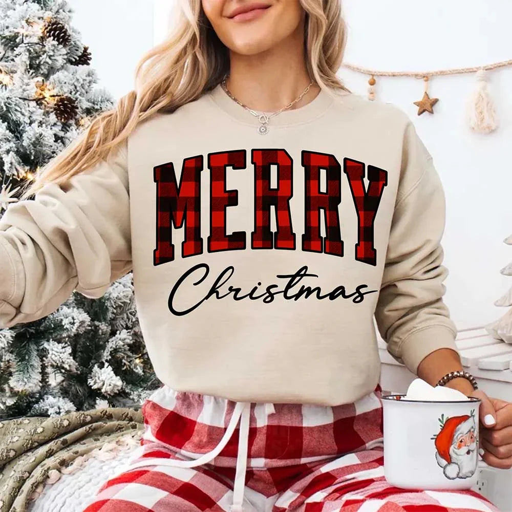 Merry Christmas Sweatshirt - Buffalo Plaid Crewneck - Aaria Tees Aaria Tees