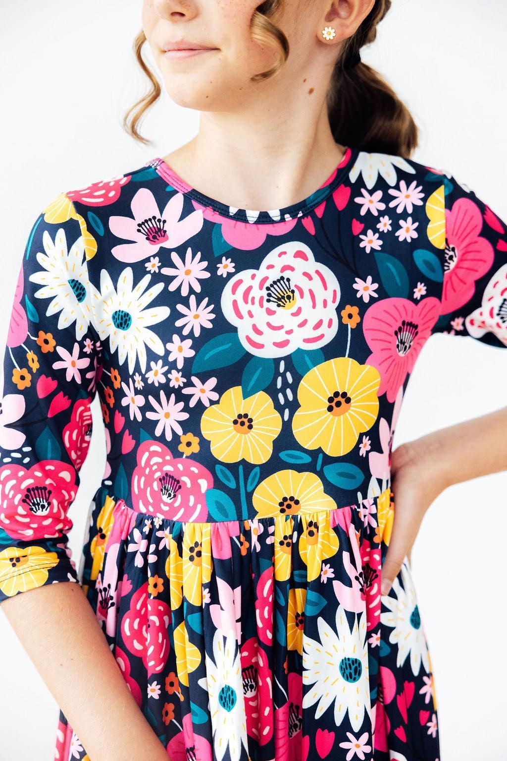 Midnight Floral 3/4 Sleeve Pocket Twirl Dress - Aaria Tees Aaria Tees