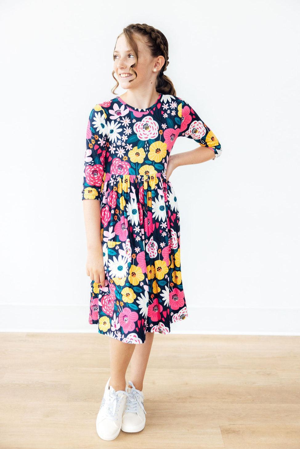 Midnight Floral 3/4 Sleeve Pocket Twirl Dress - Aaria Tees Aaria Tees