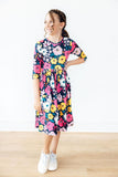 Midnight Floral 3/4 Sleeve Pocket Twirl Dress - Aaria Tees Aaria Tees