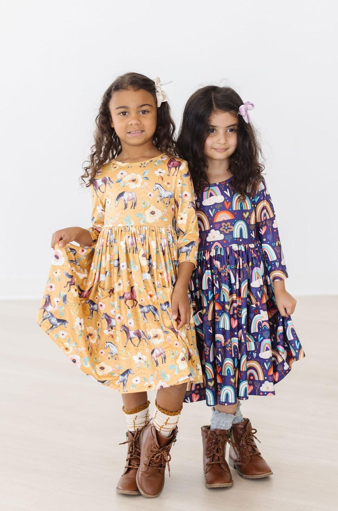 Midnight Rainbow 3/4 Sleeve Pocket Twirl Dress - Aaria Tees Aaria Tees