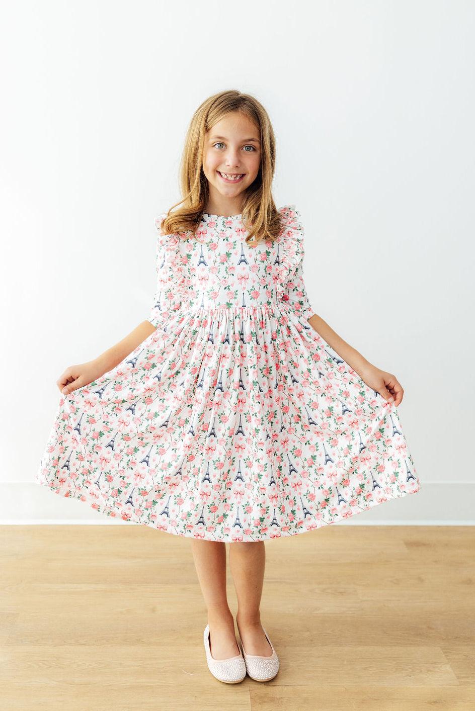 Mila in Paris 3/4 Sleeve Ruffle Twirl Dress - Aaria Tees Aaria Tees