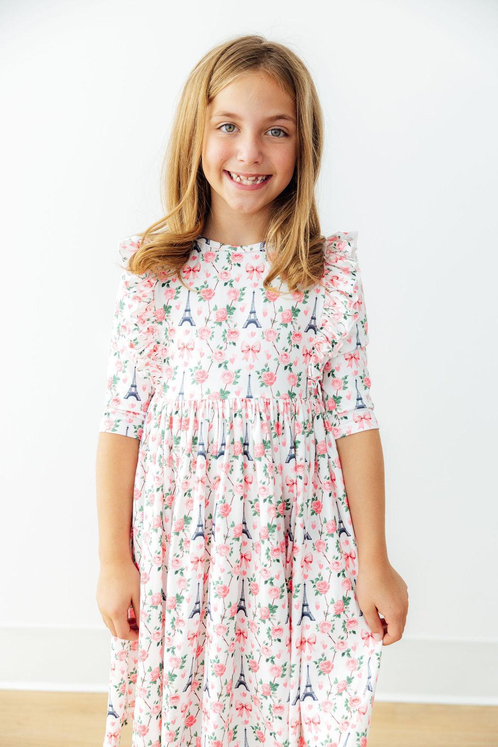 Mila in Paris 3/4 Sleeve Ruffle Twirl Dress - Aaria Tees Aaria Tees