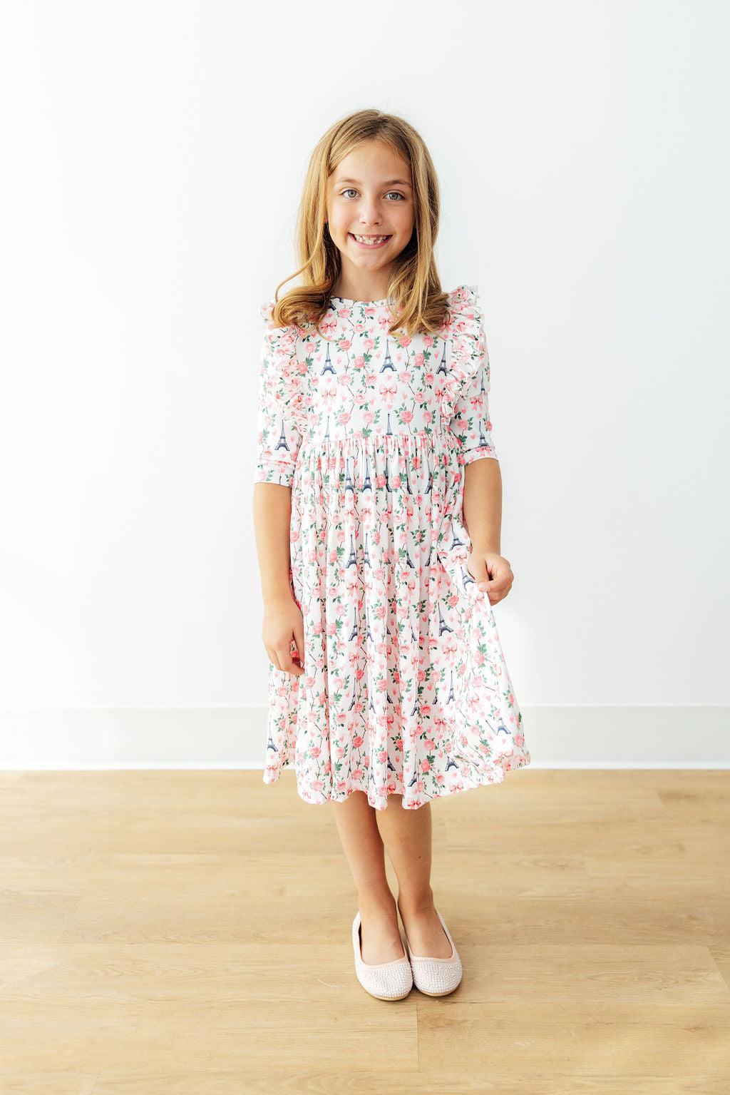 Mila in Paris 3/4 Sleeve Ruffle Twirl Dress - Aaria Tees Aaria Tees
