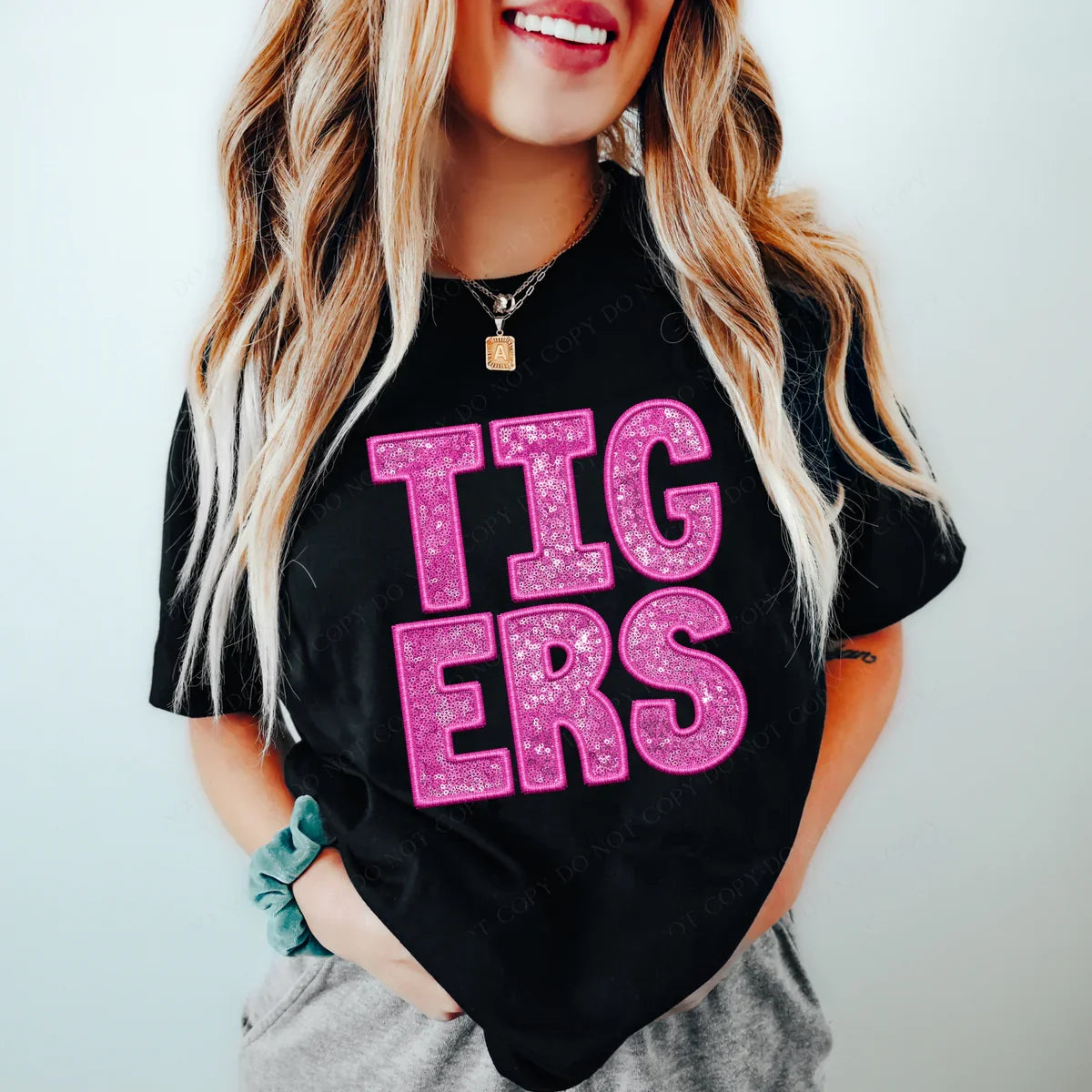 Tigers Pink Faux Embroidery & Sequin School Spirit Graphic Tee - Aaria Tees
