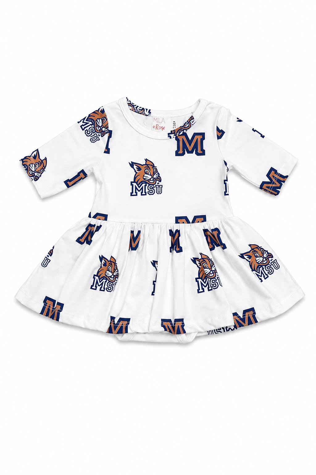 Montana State University White Bobcat 3/4 Sleeve Twirl Bodysuit - Aaria Tees Aaria Tees
