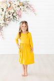 Mustard 3/4 Sleeve Pocket Twirl Dress - Aaria Tees Aaria Tees