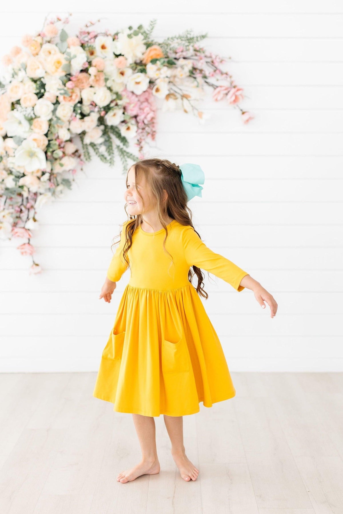 Mustard 3/4 Sleeve Pocket Twirl Dress - Aaria Tees