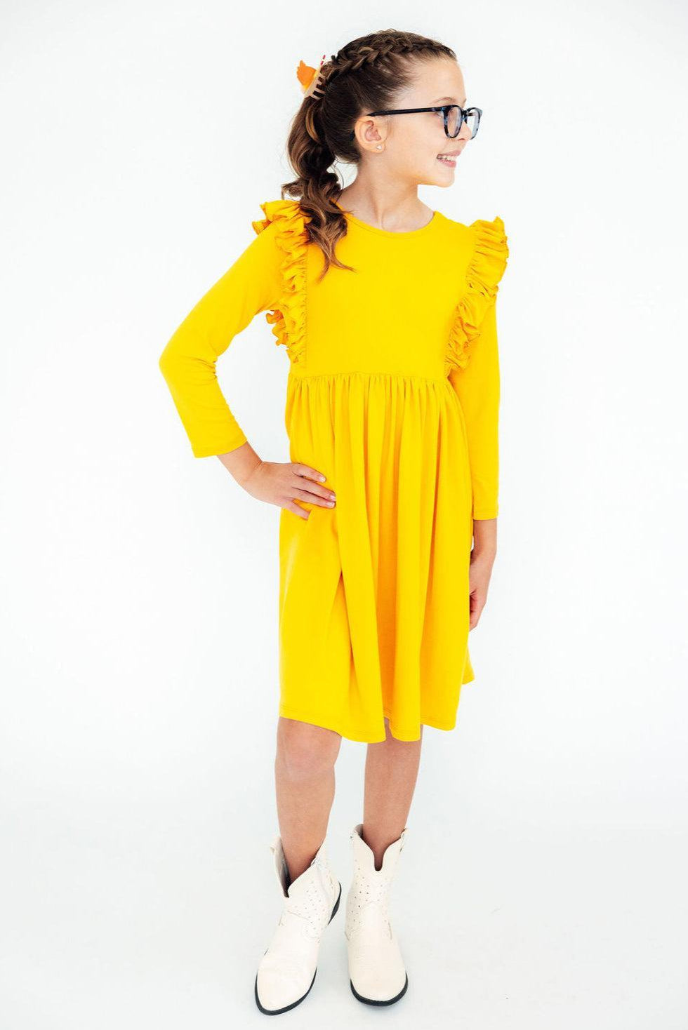 Mustard L/S Ruffle Twirl Dress - Aaria Tees Aaria Tees