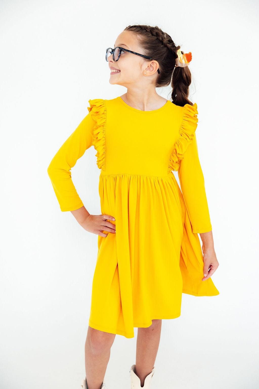 Mustard L/S Ruffle Twirl Dress - Aaria Tees Aaria Tees