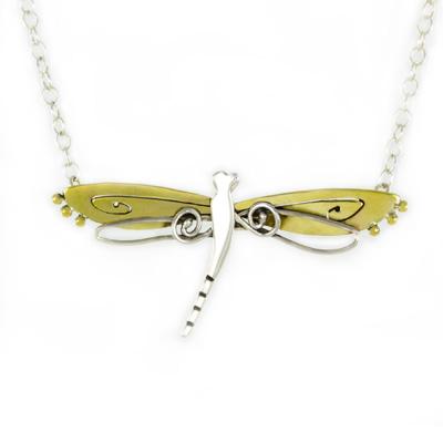 Swirling Dragonfly Sterling & Brass Necklace - Aaria Tees