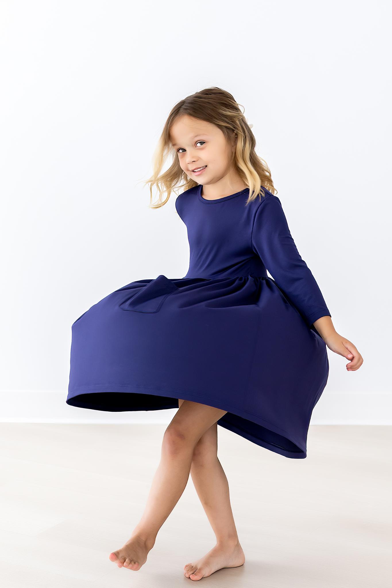 Navy 3/4 Sleeve Pocket Twirl Dress - Aaria Tees Aaria Tees