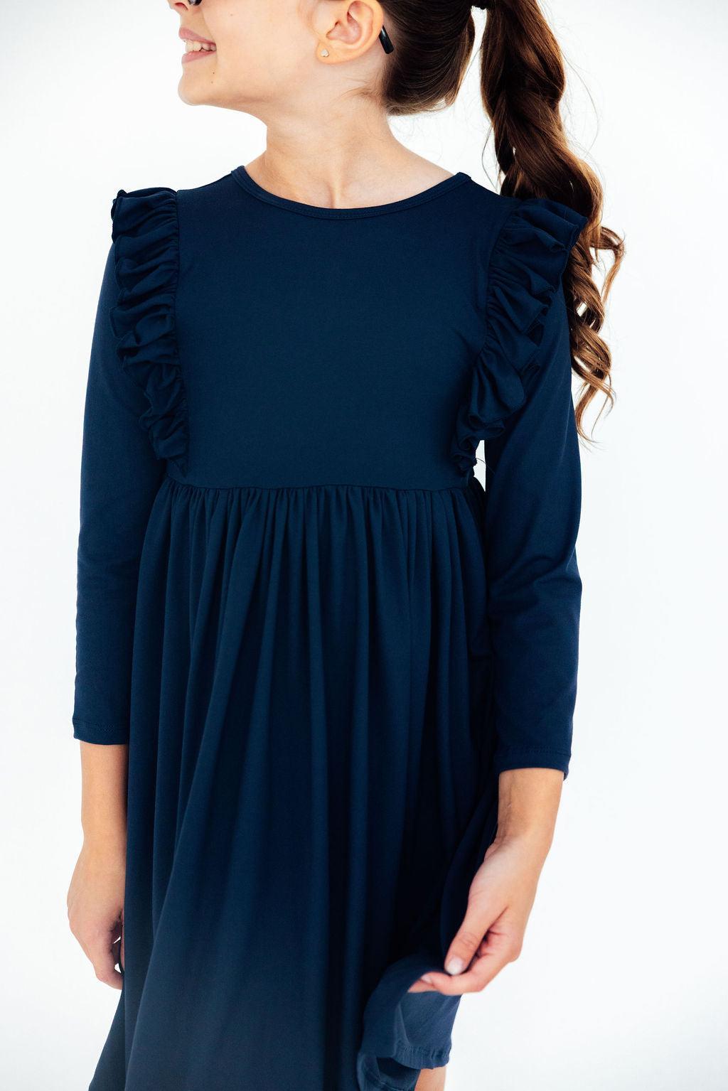 Navy L/S Ruffle Twirl Dress - Aaria Tees Aaria Tees