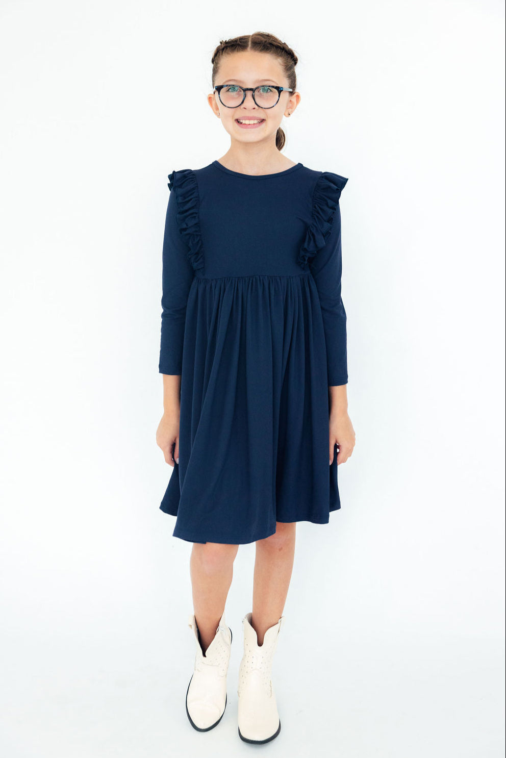 Navy L/S Ruffle Twirl Dress - Aaria Tees Aaria Tees