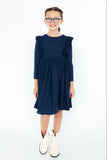 Navy L/S Ruffle Twirl Dress - Aaria Tees Aaria Tees
