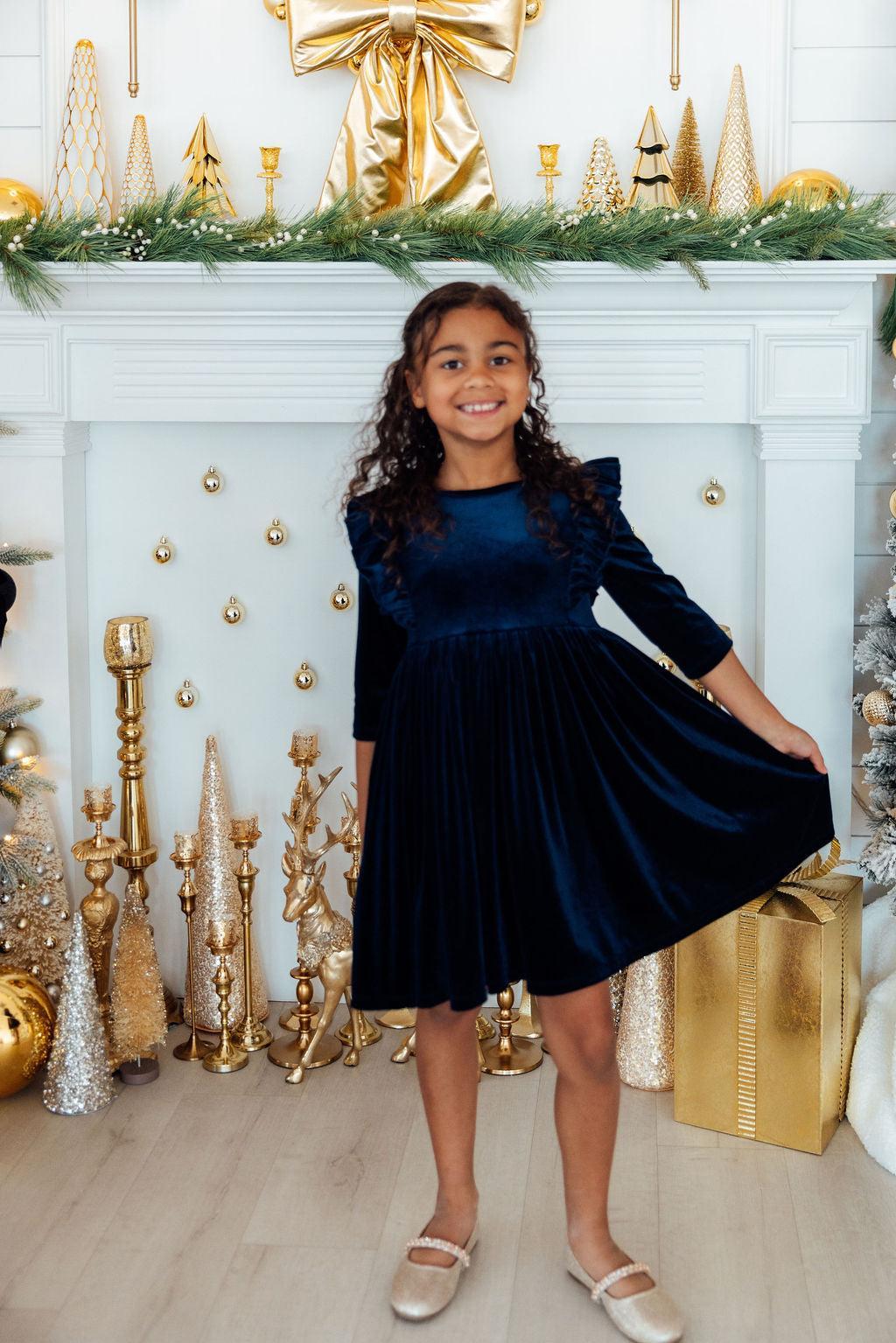 Navy Velvet Ruffle Twirl Dress - Aaria Tees Aaria Tees