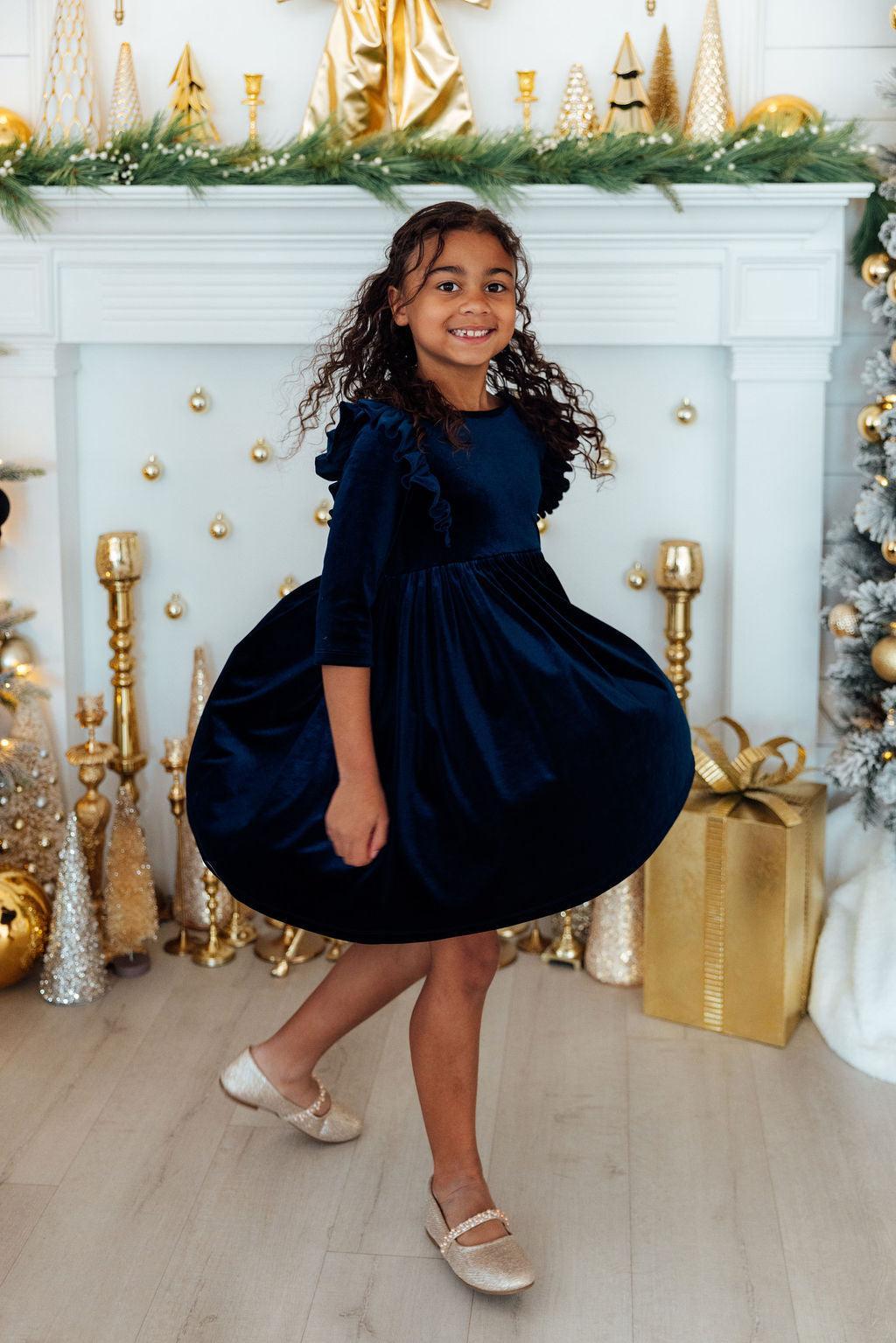 Navy Velvet Ruffle Twirl Dress - Aaria Tees Aaria Tees