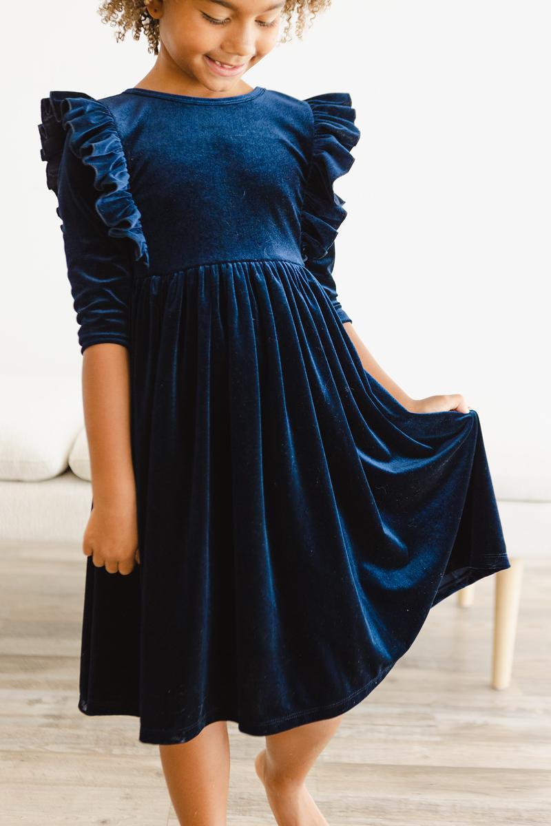Navy Velvet Ruffle Twirl Dress - Aaria Tees Aaria Tees